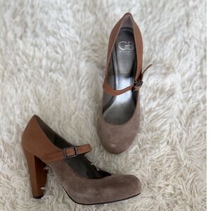Gianni Bini Brown‎ Suede Leather Block Heel Mary Jane Pumps Size 8.5M